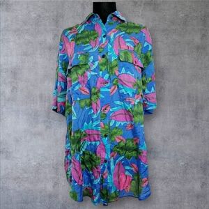 Vintage Silk Blouse Size 1X Button Up Shirt Tropical Blue Pockets Leena Studio